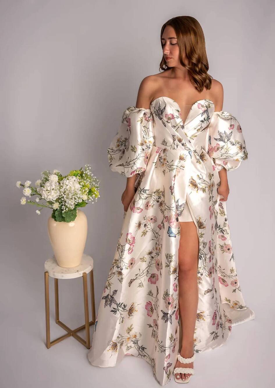 NEW COUTURE LEE metallic jersey prom gown in ivory/floral